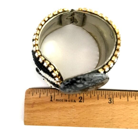 VTG HANSEN Signed 1988 Obsidian Stone Beaded Cuff Bracelet Clip-On Earrings Set - Picture 13 of 16